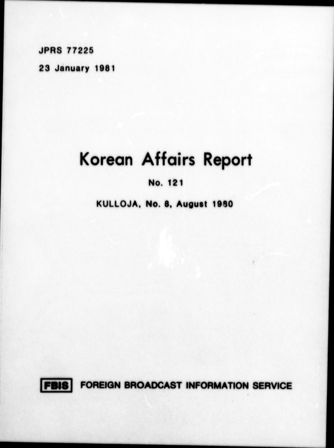 Korean Affairs Report No. 121 Kulloja, No. 8, : United States 